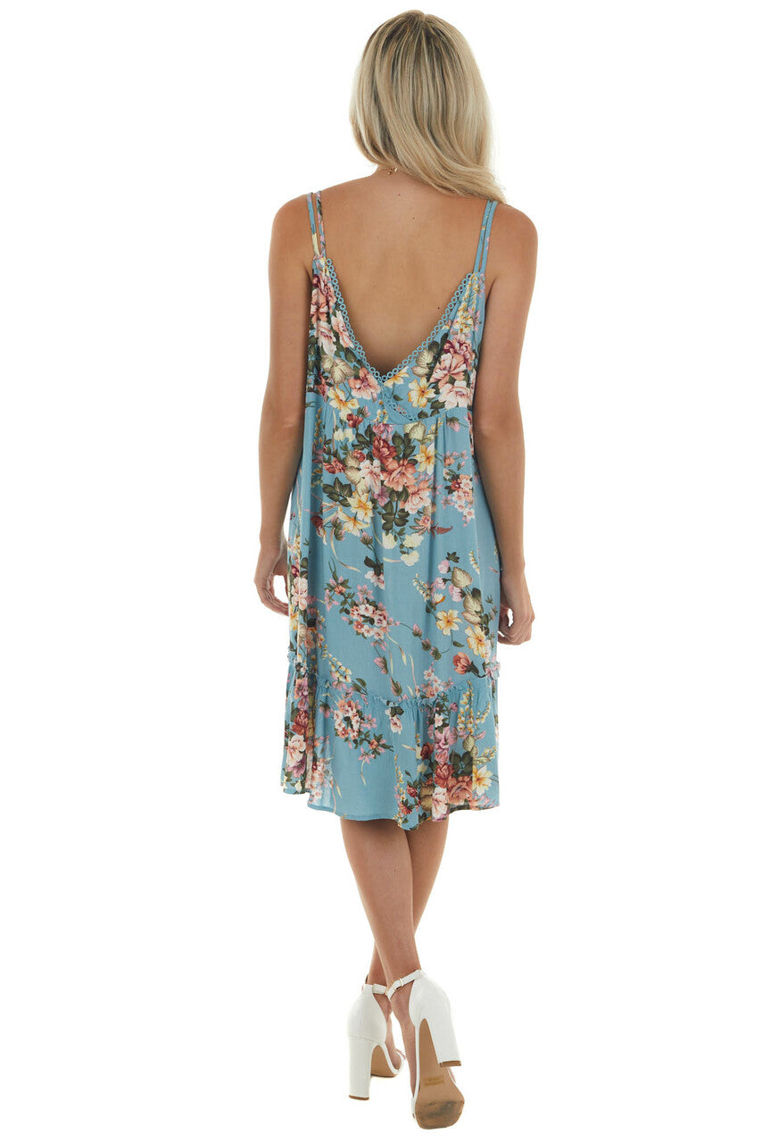 Dusty Blue Floral Print Babydoll Short Dress