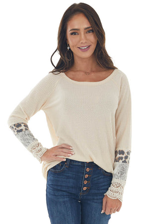 Beige Long Sleeve Waffle Knit Top with Multiprint Cuff
