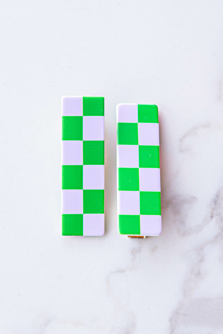 Jade and Mauve Checkered Bar Hair Clips 