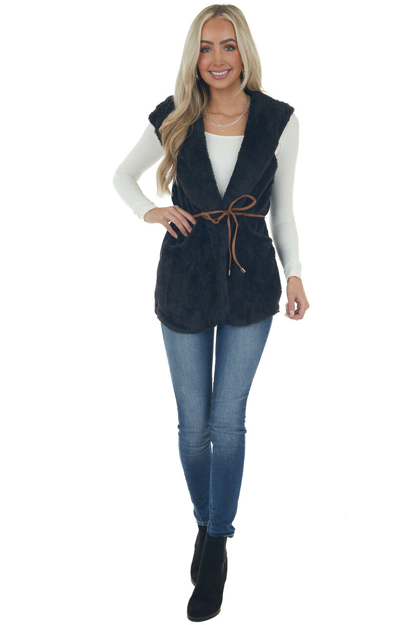 Black Faux Fur Hooded Ribbed Contrast Vest