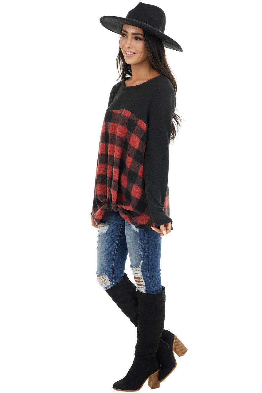 Black and Crimson Buffalo Plaid Top with Twisted Detail
