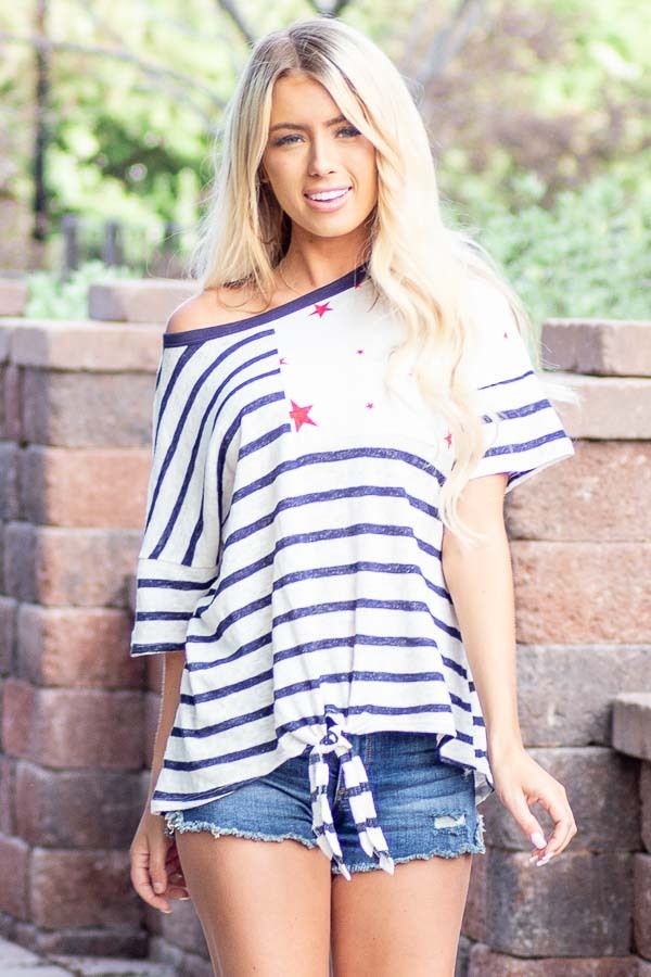 Navy and White Striped Top with Contrasting Red Star Detail