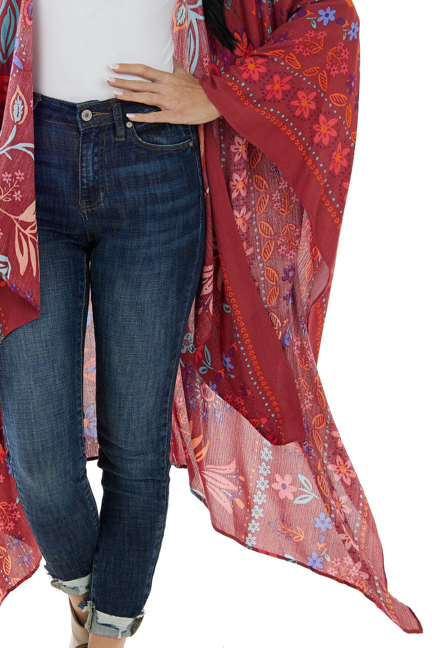 Marsala and Fire Colorful Floral Print Kimono