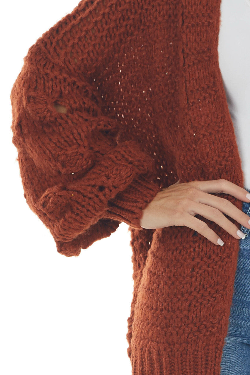 Rust Chunky Knit Cardigan with Long Sleeves