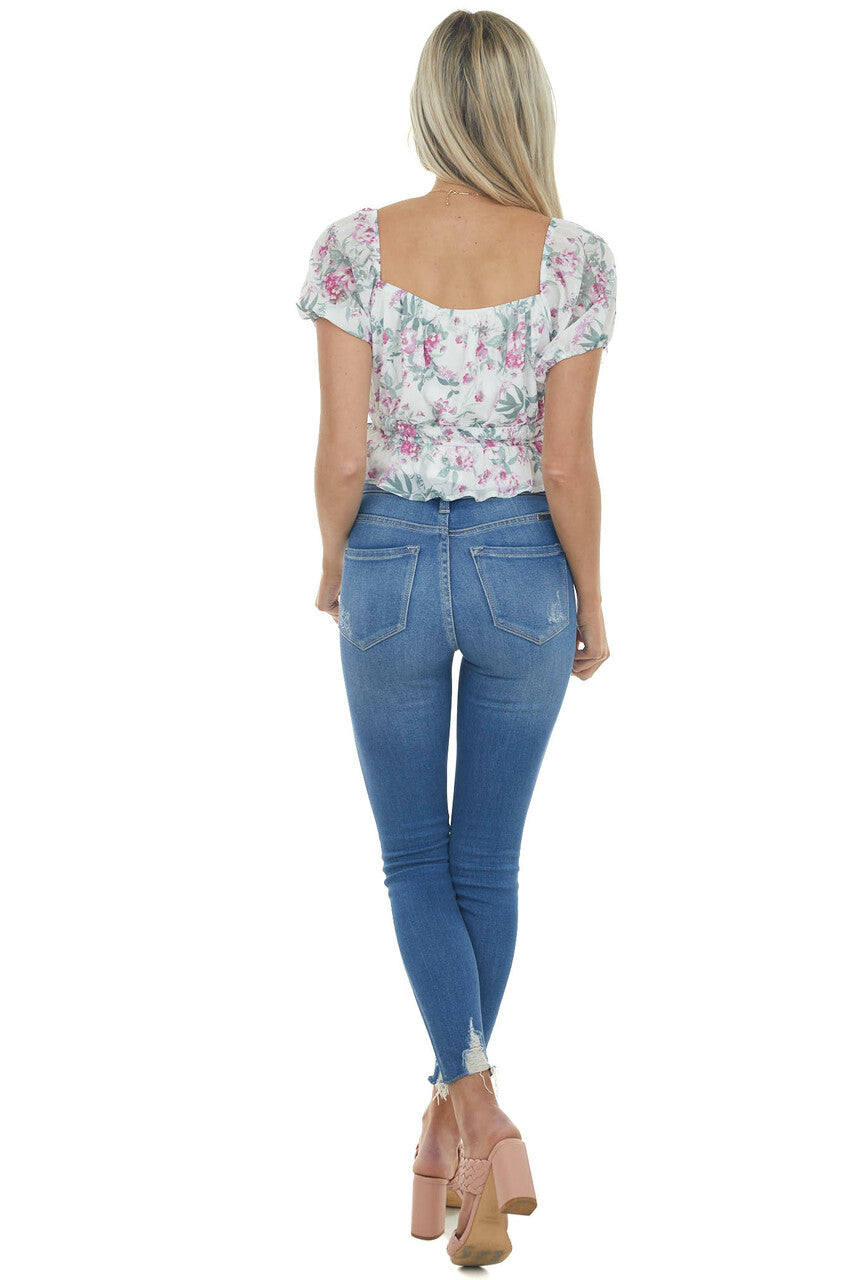 Off White Floral Print Short Puff Sleeve Top