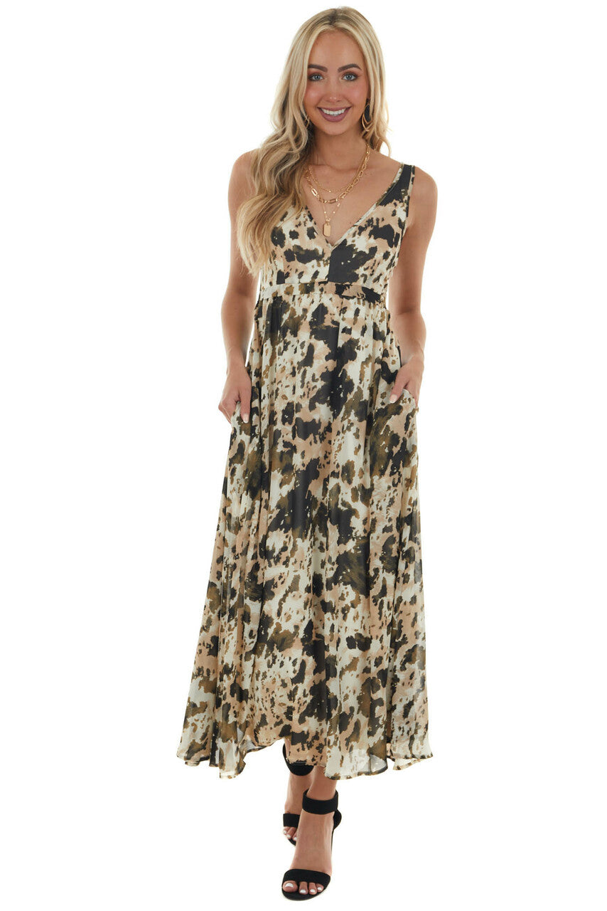 Army Green Printed Sleeveless Flowy Maxi Dress 