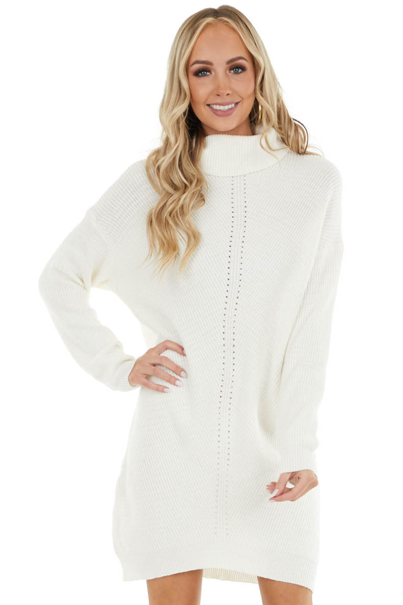 Ivory Cowl Neck Sweater Dress with Small Cutout Details