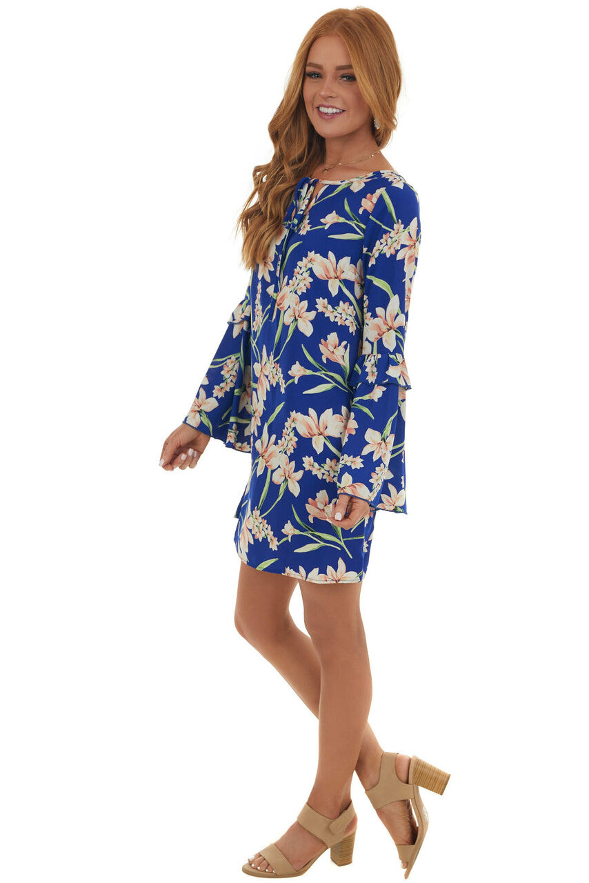 Royal Blue Floral Long Bell Sleeve Short Dress 