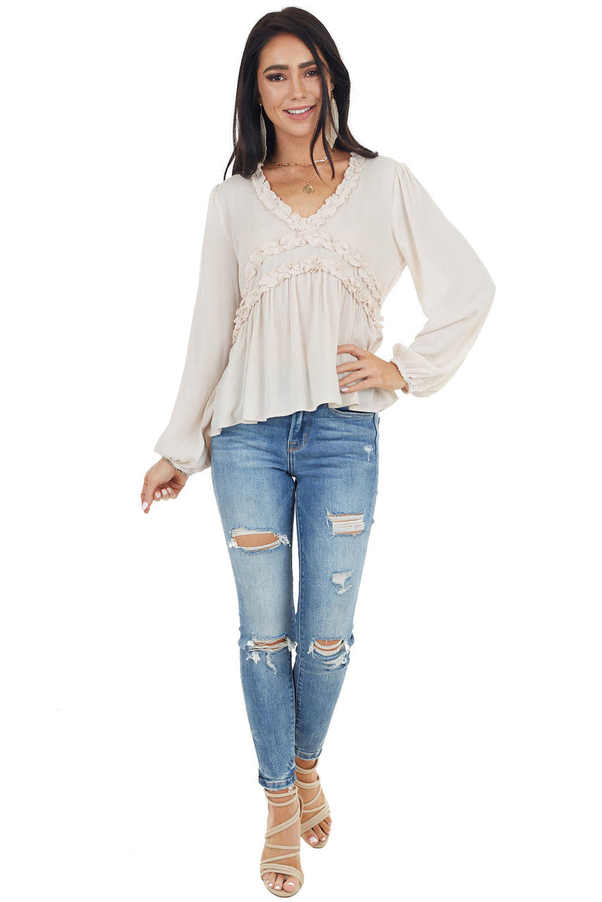 Oatmeal Long Puff Sleeve Babydoll Top with Ruffle Detail