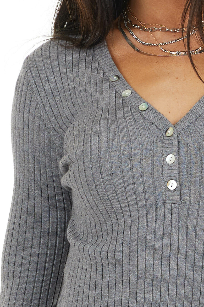 Charcoal Rib Knit Henley Long Sleeve V Neck Top