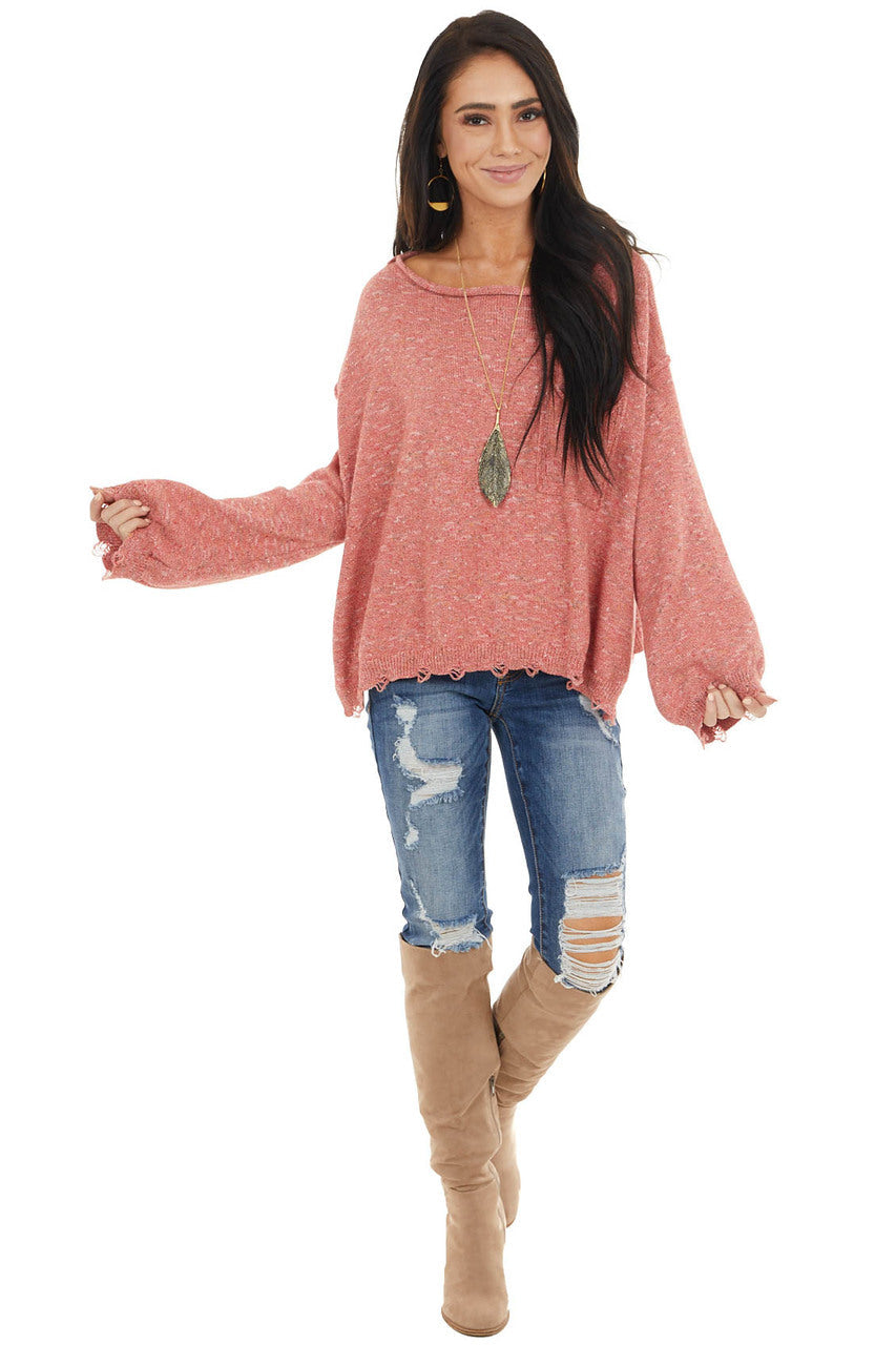 Faded Red Multicolor Long Sleeve Distressed Sweater