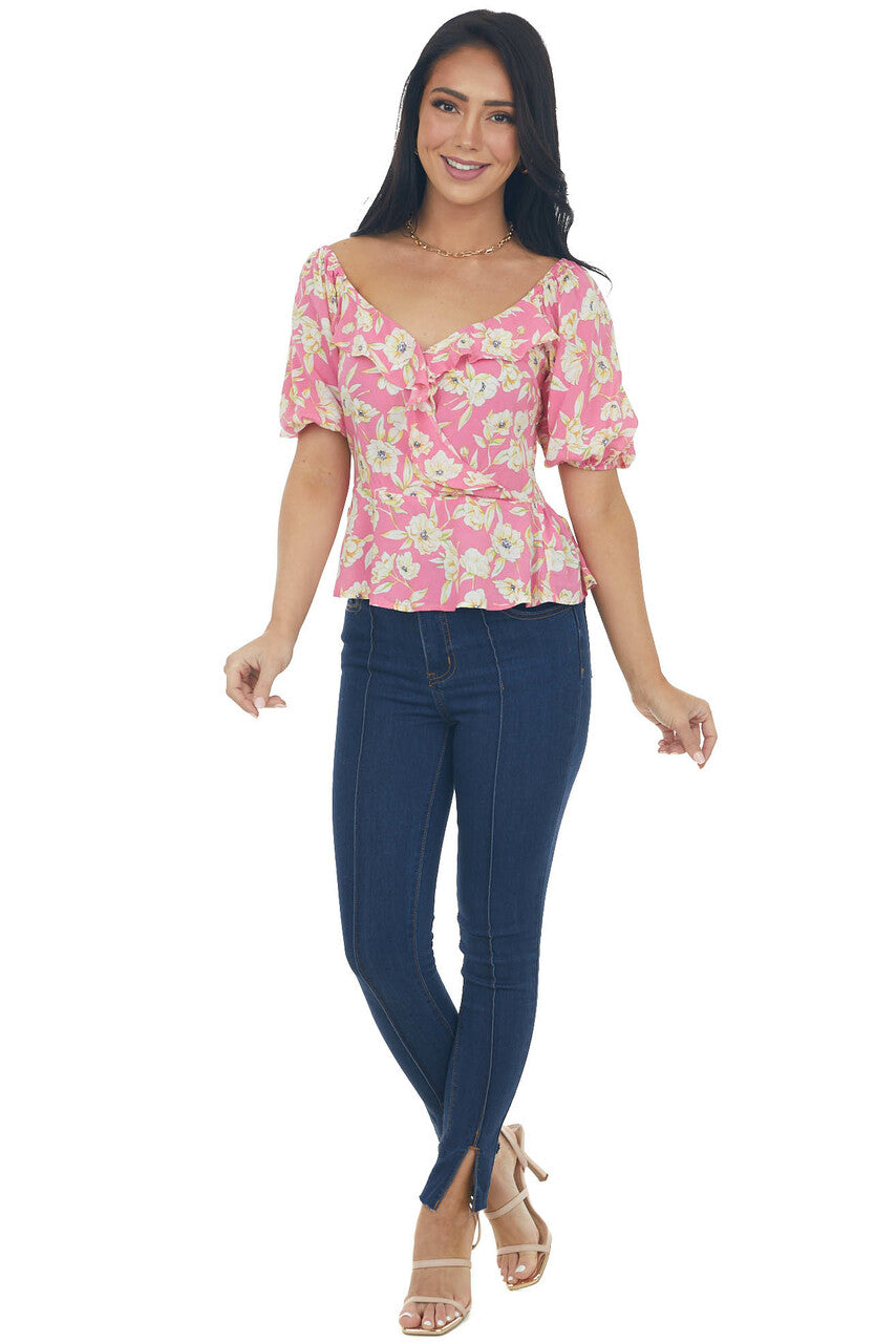 Bubblegum Pink Floral Print Peplum Top
