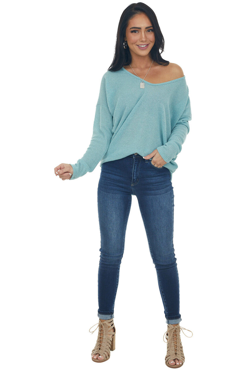 Seafoam Striped U Neck Long Sleeve Knit Top