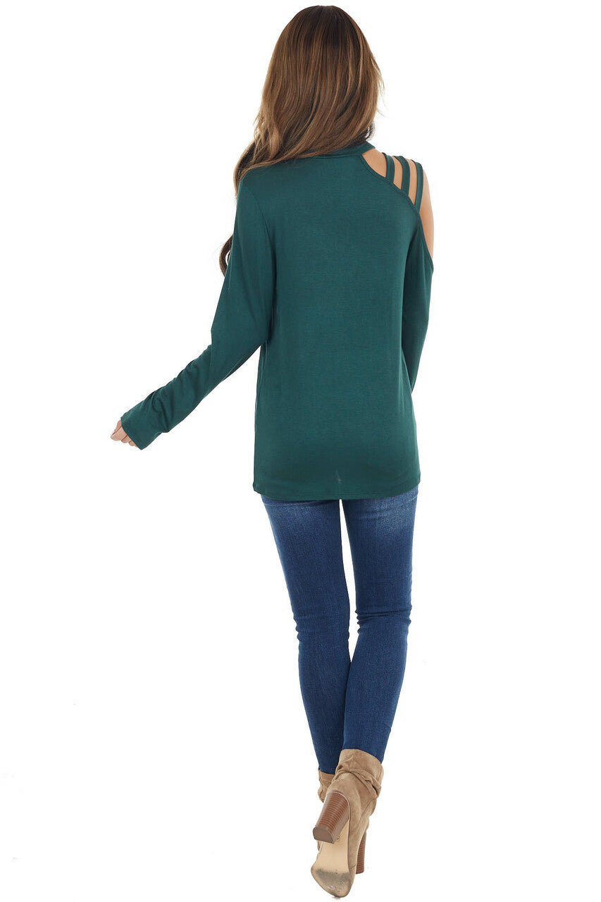Dark Pine Long Sleeve Knit Top with One Caged Cold Shoulder 