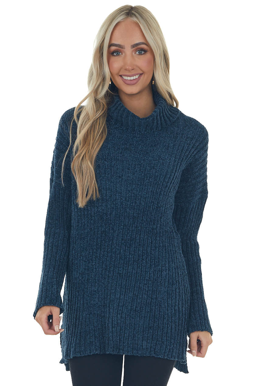 Steel Blue Chenille Ribbed Cowl Neck Sweater