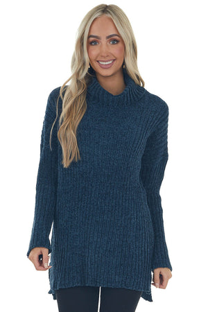 Steel Blue Chenille Ribbed Cowl Neck Sweater