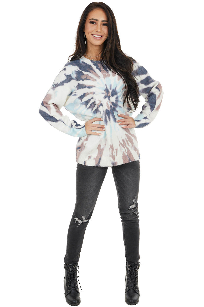 Off White Tie Dye Fuzzy Knit Long Sleeve Lightweight Sweater
