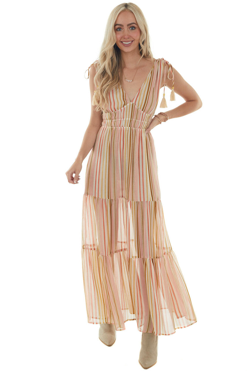 Ivory Multicolor Striped Tiered Maxi Dress