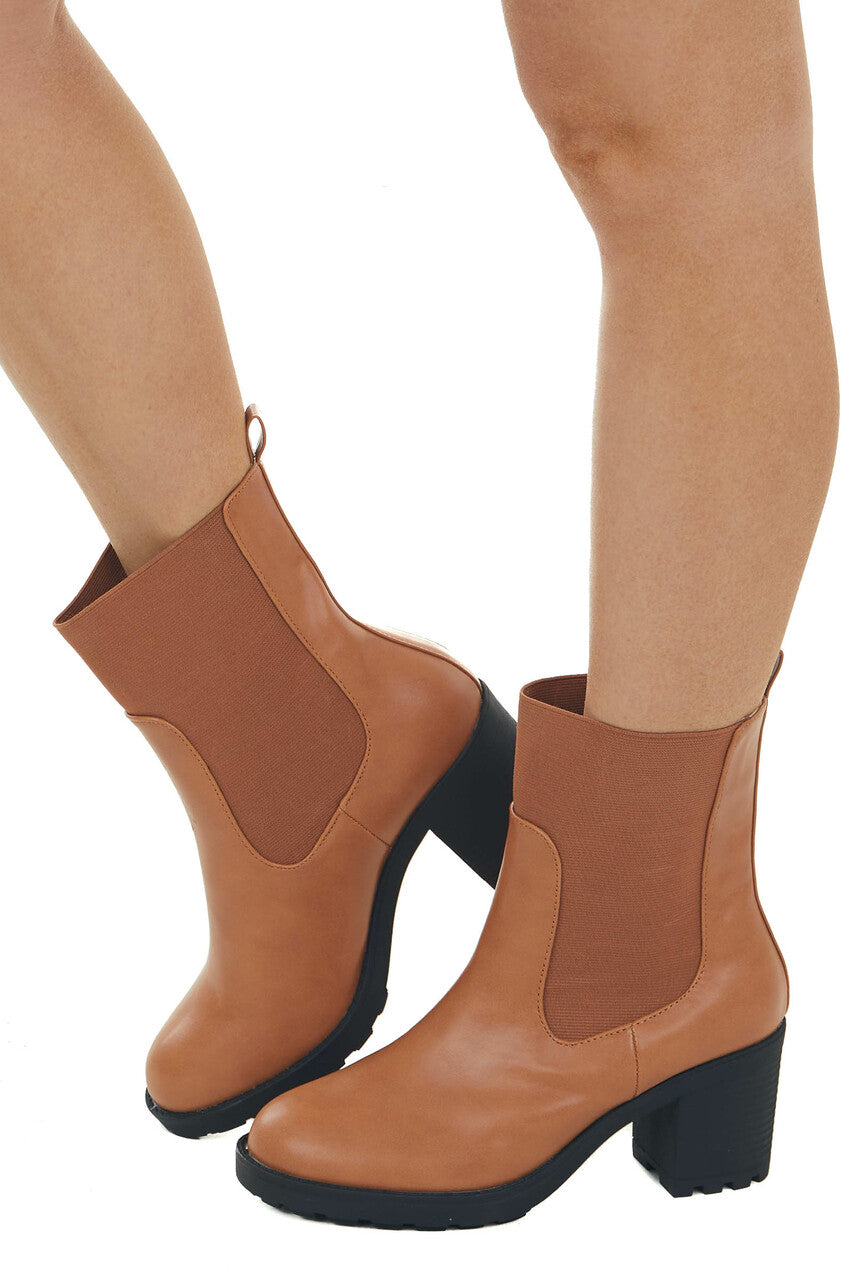 Caramel Faux Leather Elastic Panel Lug Booties