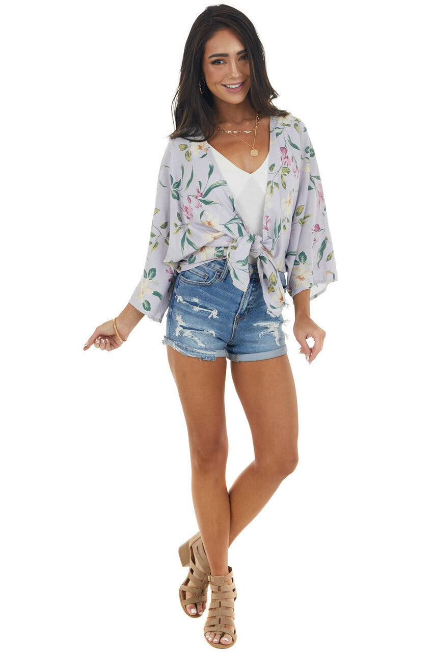 Lavender Floral Print Kimono with High Low Hem