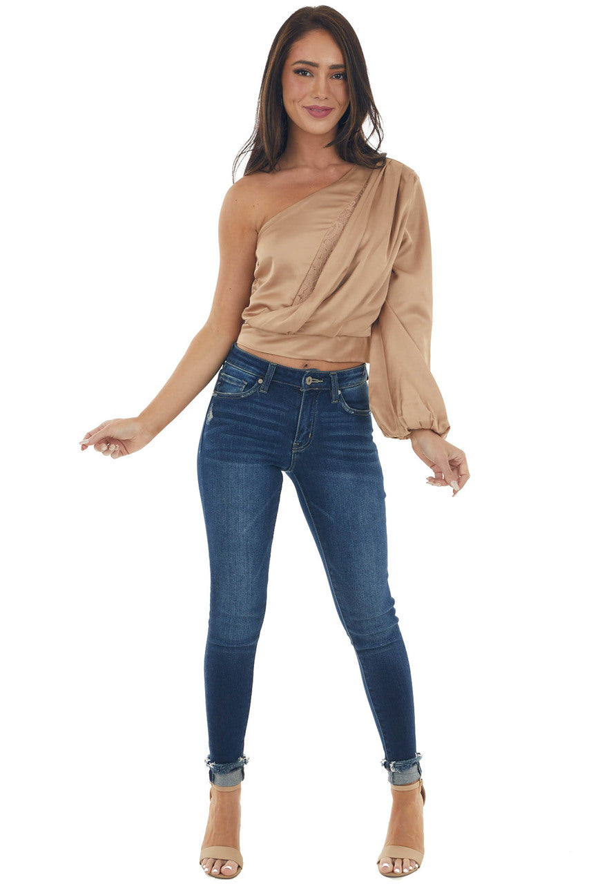 Nude One Shoulder Satin Crop Blouse with Lace 