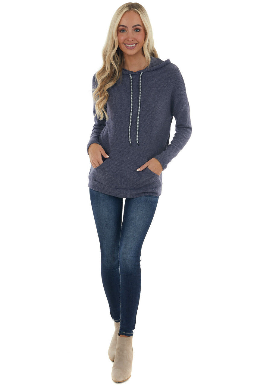 Navy Knit Sweatshirt with Striped Drawstrings 