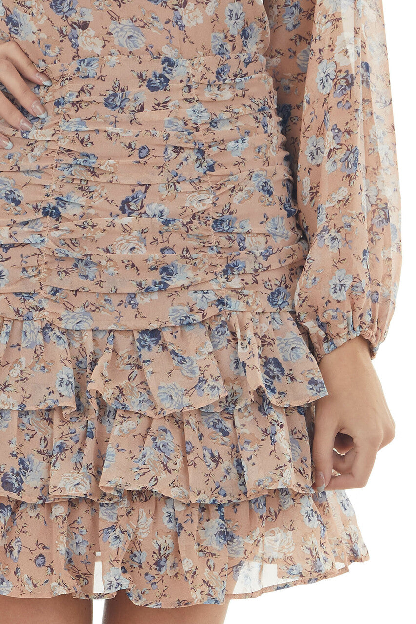 Faded Rose Floral Bubble Sleeve Ruffle Dress