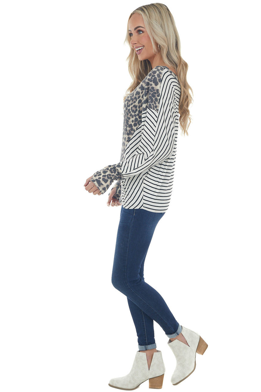 Ivory Stripe Top with Leopard Thermal Knit Detail