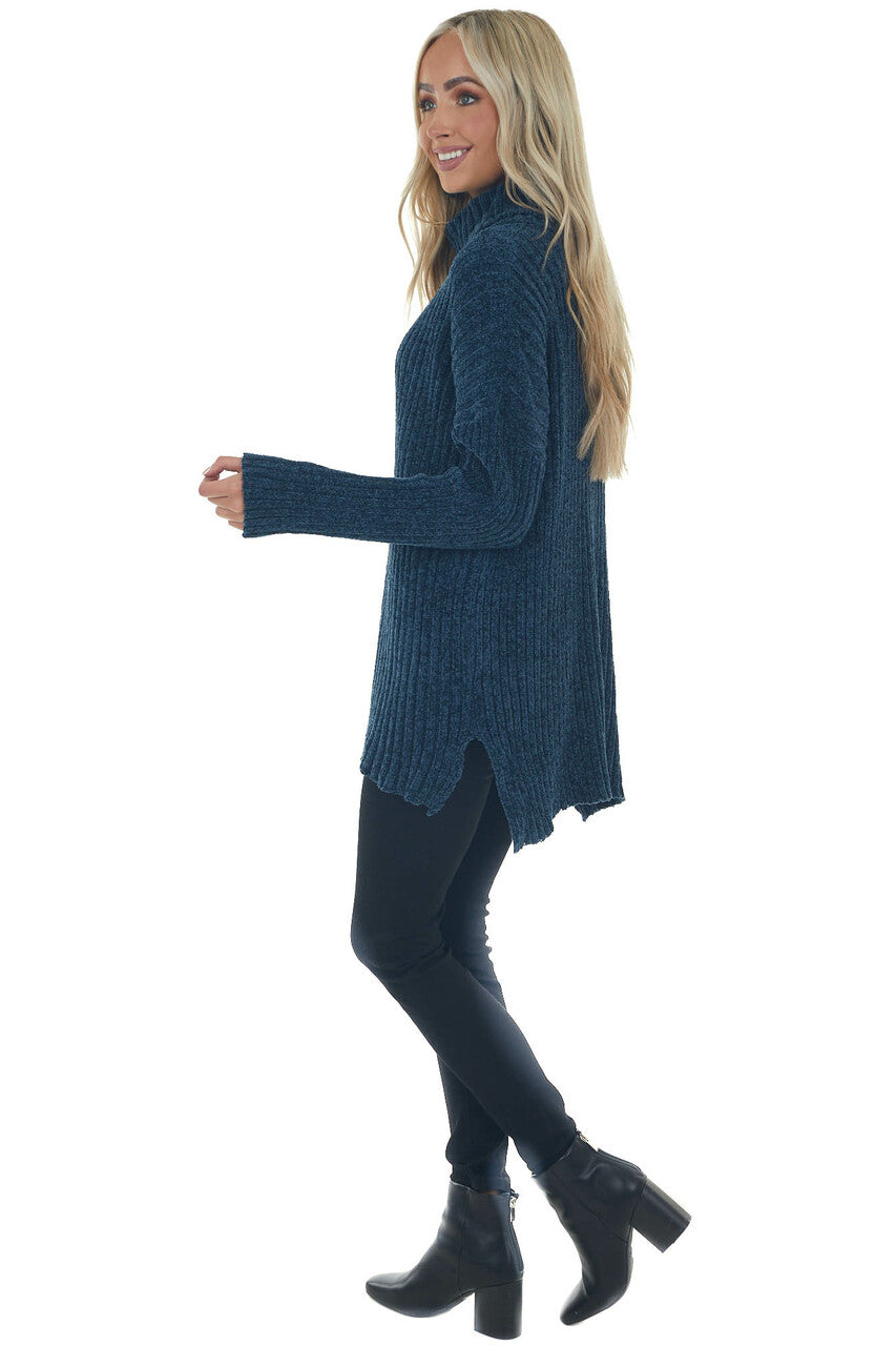 Steel Blue Chenille Ribbed Cowl Neck Sweater