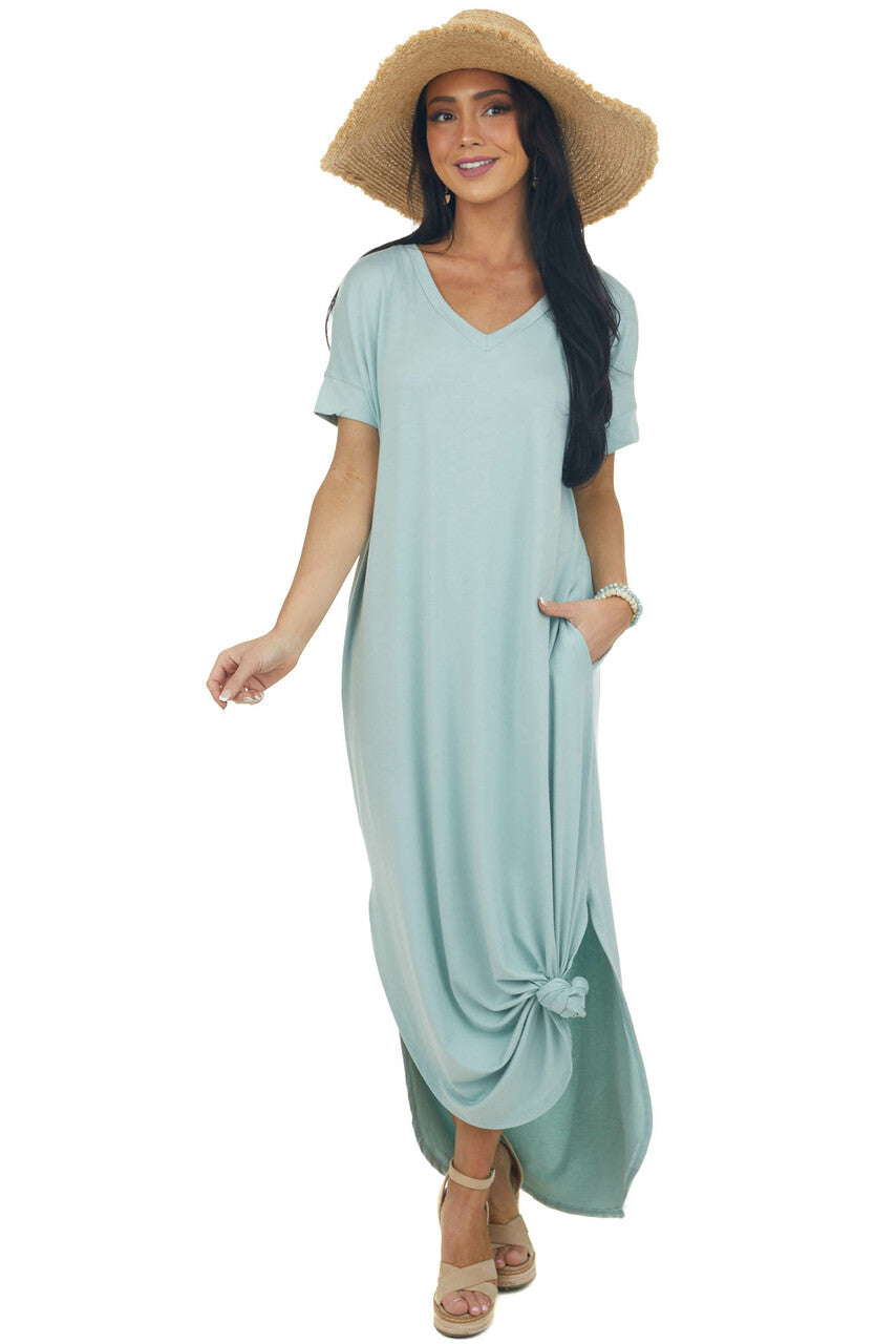 Mint Short Sleeve Maxi Dress with Side Slits 