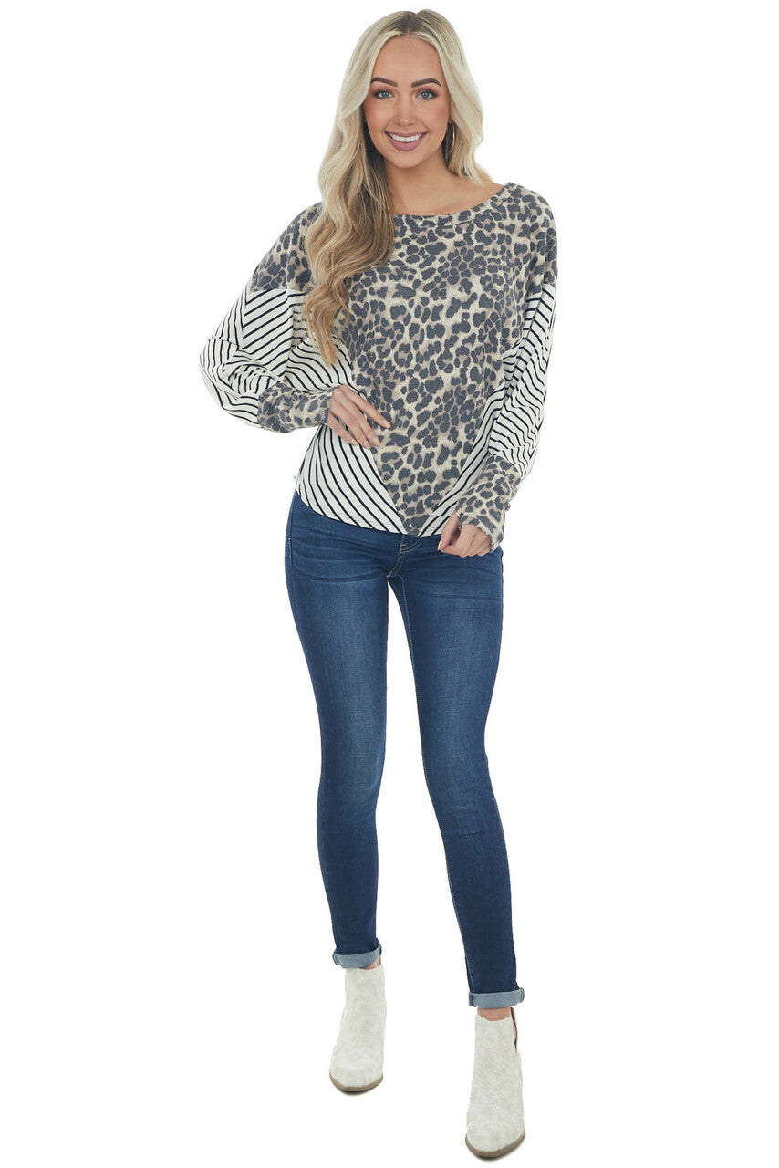 Ivory Stripe Top with Leopard Thermal Knit Detail
