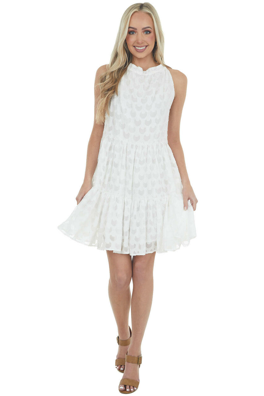 Ivory Jacquard Textured Tiered Dress with Halter Neckline