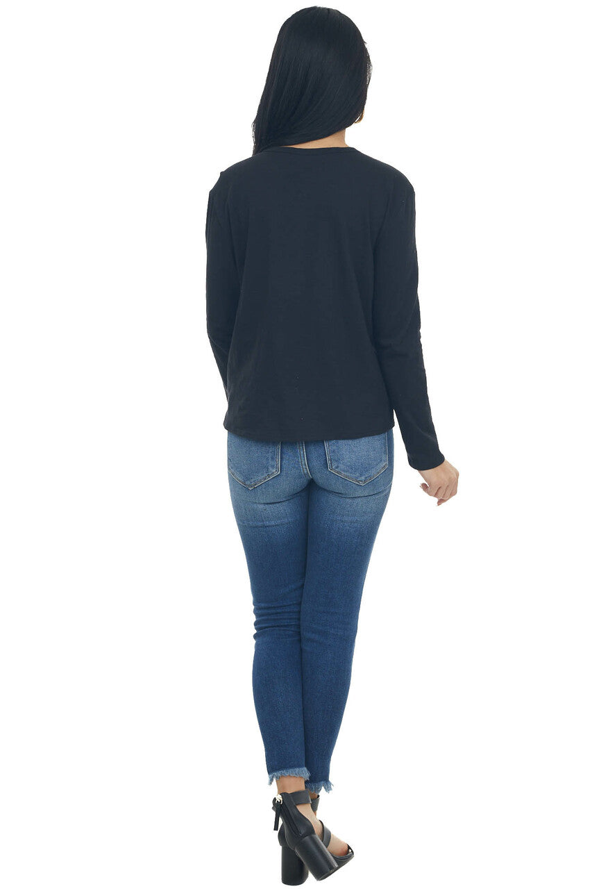 Black Long Sleeve Notch Neck Henley Top