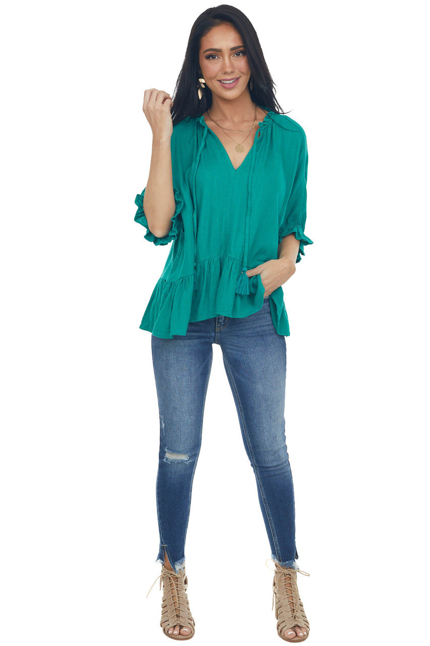 Kelly Green Textured Blouse with Ruffle Details and Neck Tie 