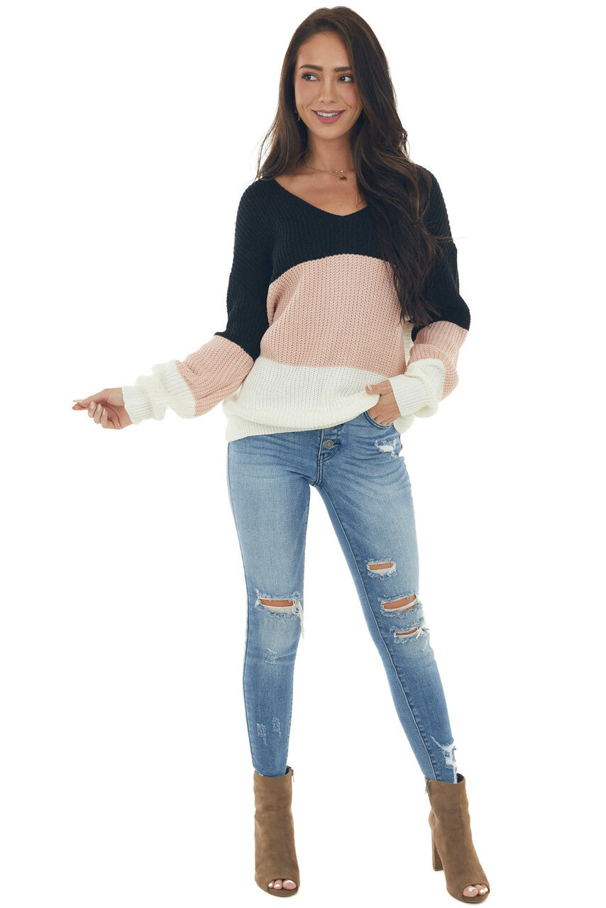 Tea Rose Colorblock Sweater with Twist Back 