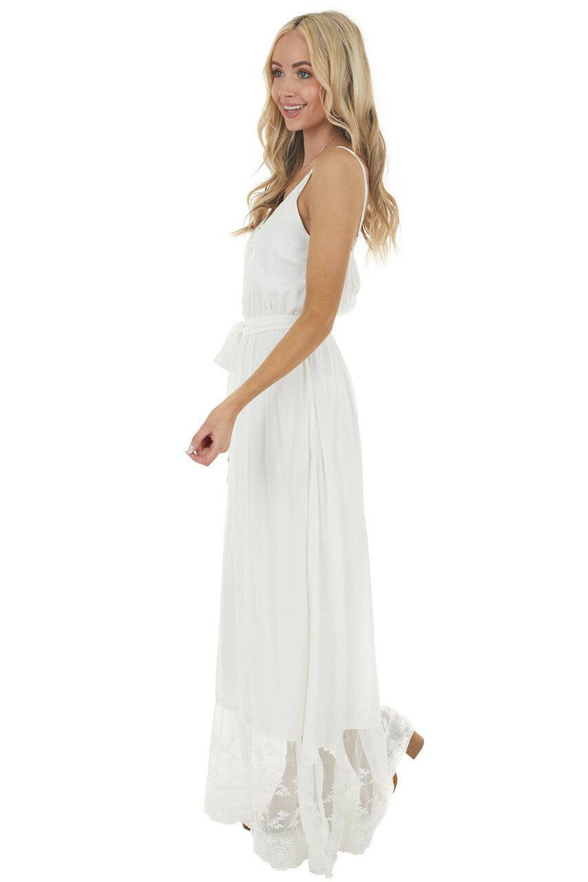 Off White Sleeveless Maxi Dress with Contrast Lace Hem