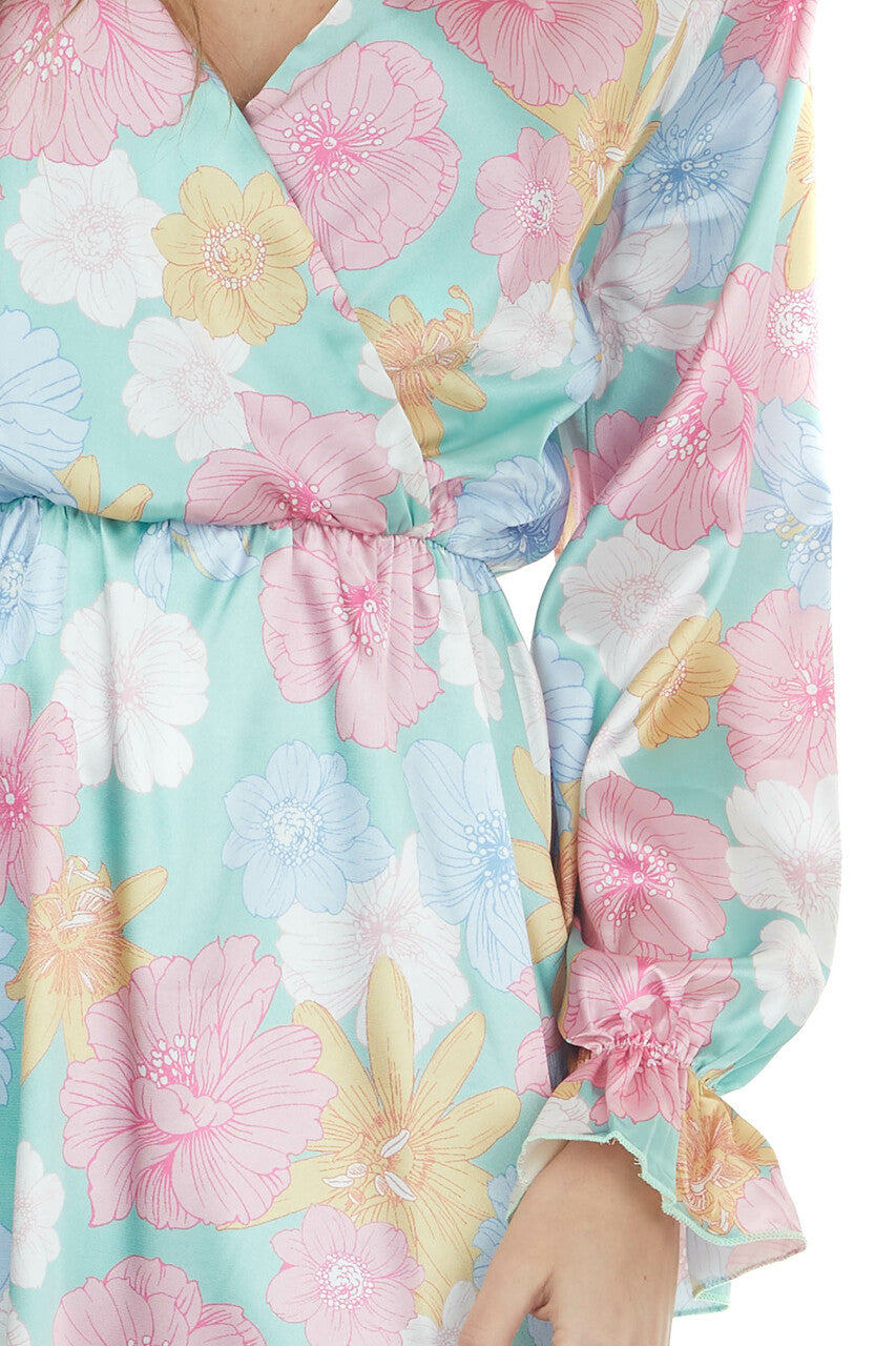 Seafoam Floral Print Surplice Satin Short Dress 