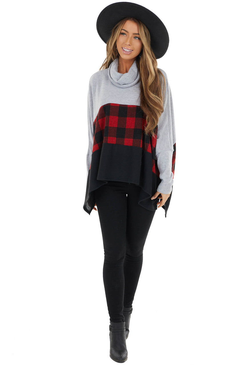 Crimson Red Buffalo Plaid Cowl Neck Long Sleeve Poncho
