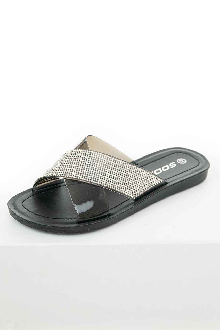 Black and Rhinestone Criss Cross Strap Sandals 