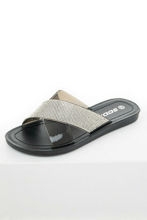 Black and Rhinestone Criss Cross Strap Sandals 
