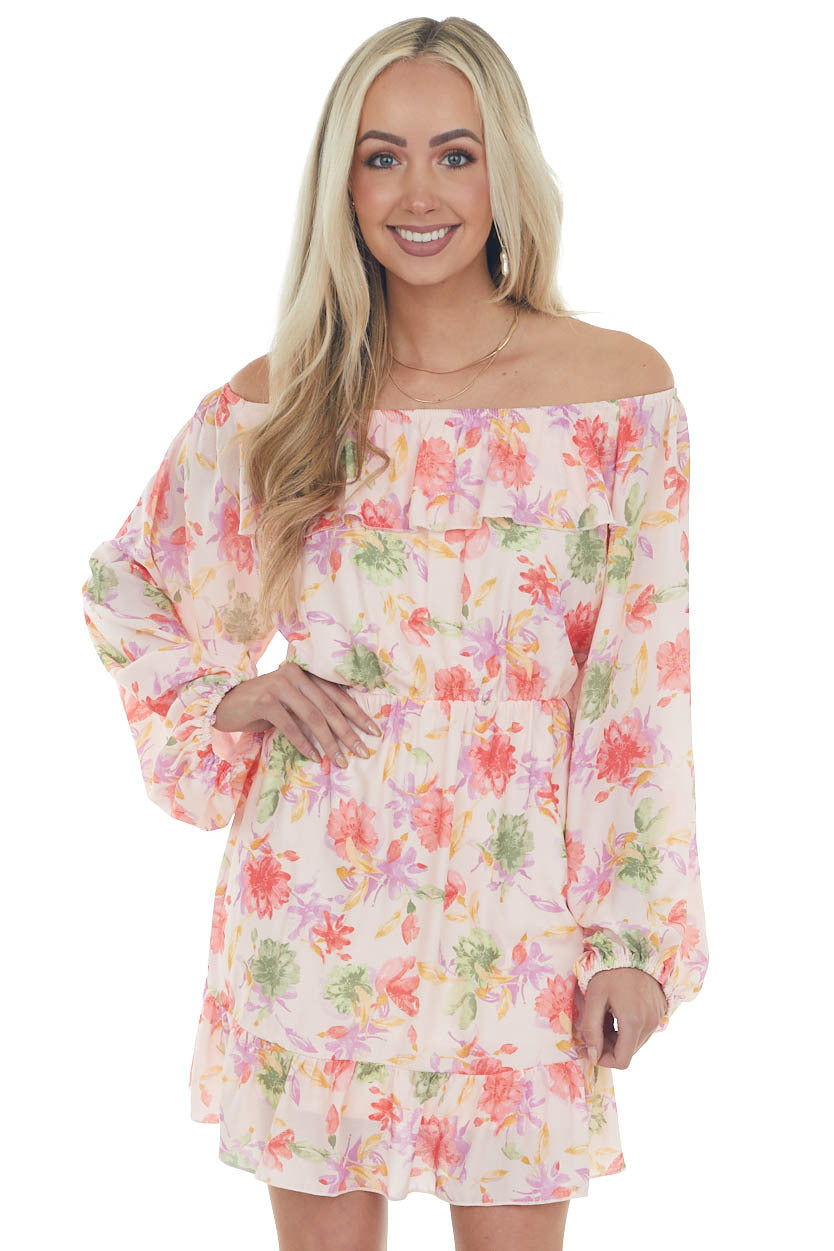 Blush Floral Off the Shoulder Ruffle Dress