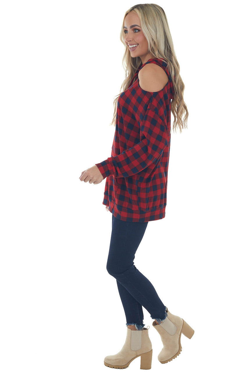 Cranberry Checkered Plaid Cold Shoulder Hoodie 