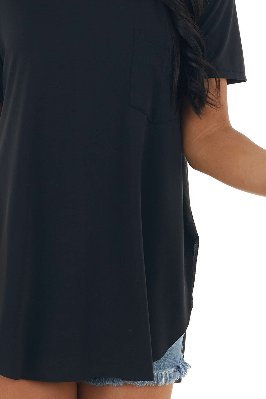 Black Flowy Knit Top with Single Chest Pocket