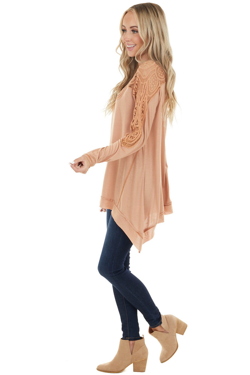 Apricot Long Sleeve Knit Top with Crocheted Neckline