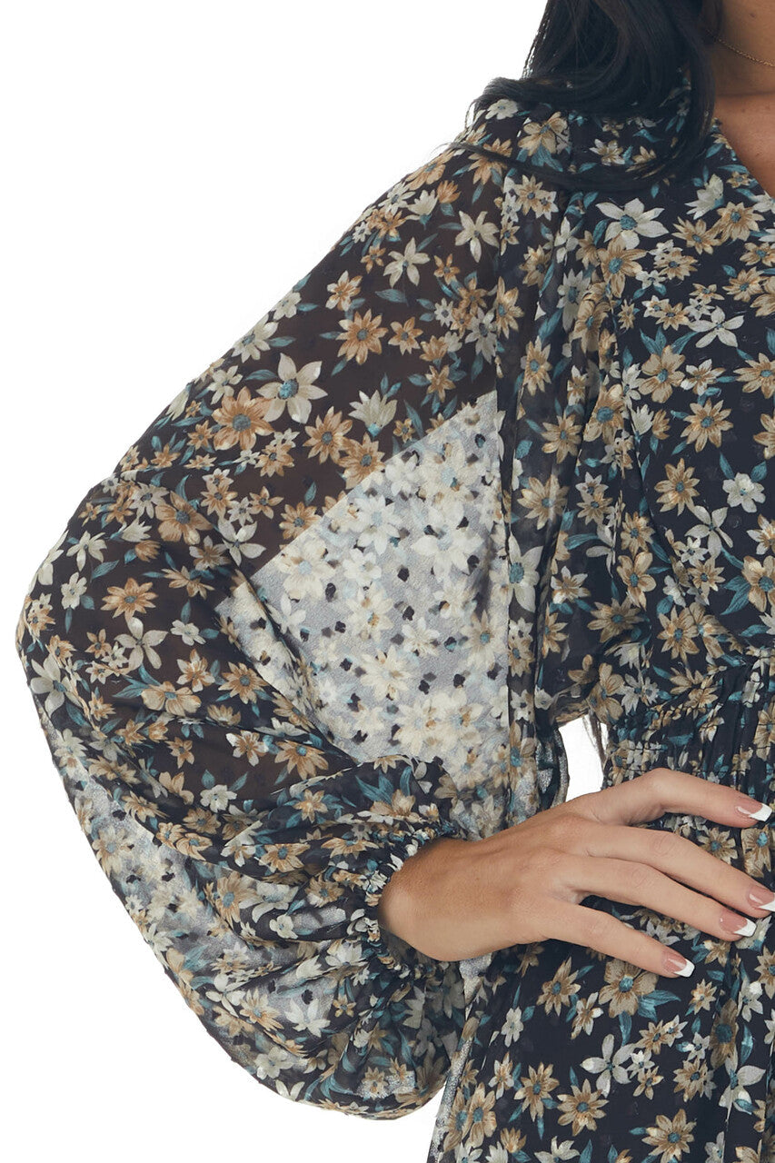 Black Floral Print Dress with Smocked Waist