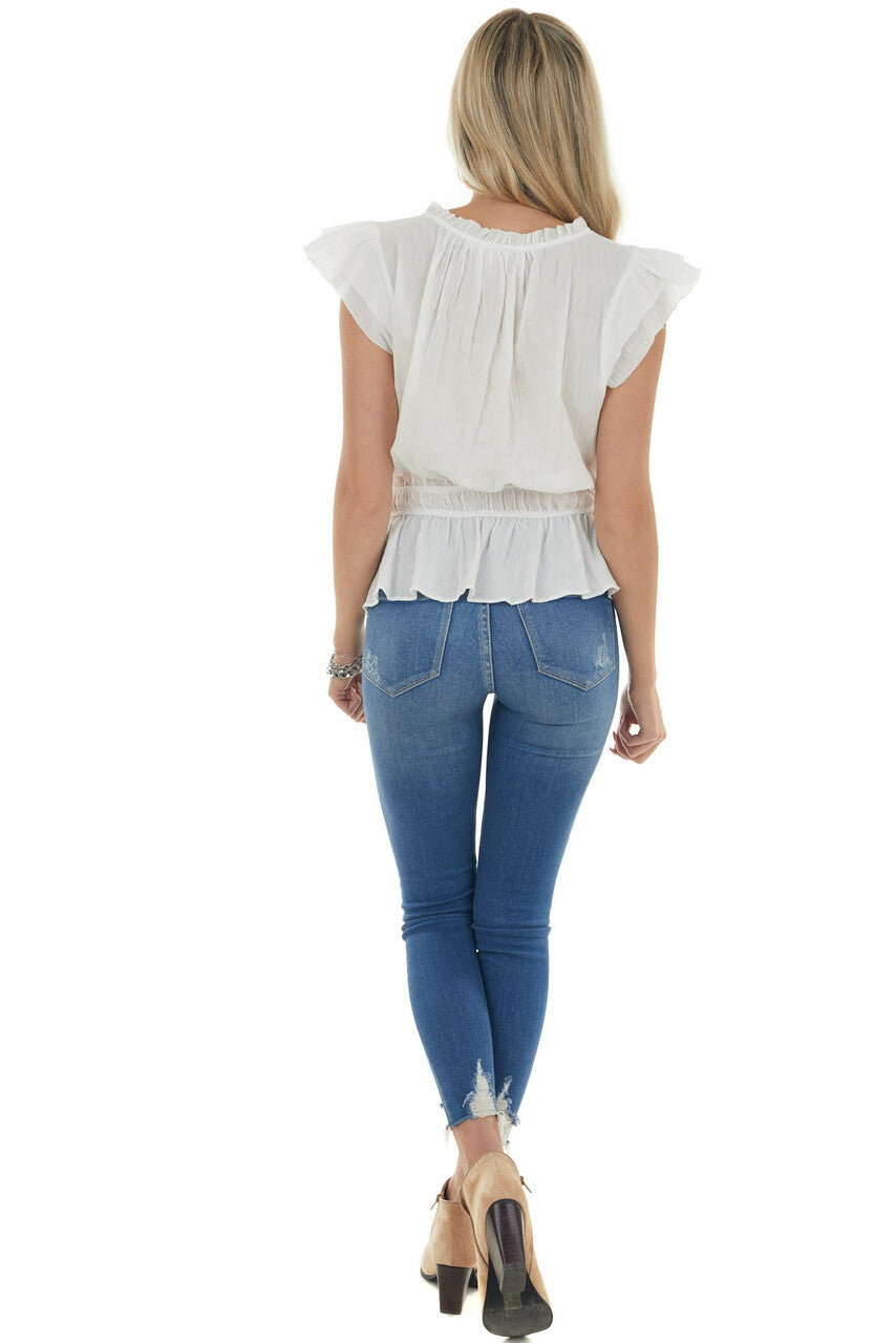 Ivory Ruffle Cap Sleeve Cinch Waist Blouse 