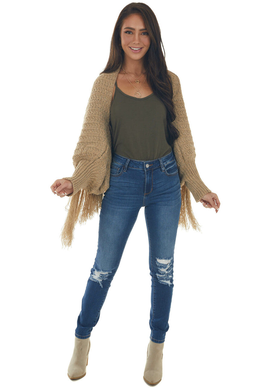 Latte Cable Knit Fringe Hem Shrug Cardigan