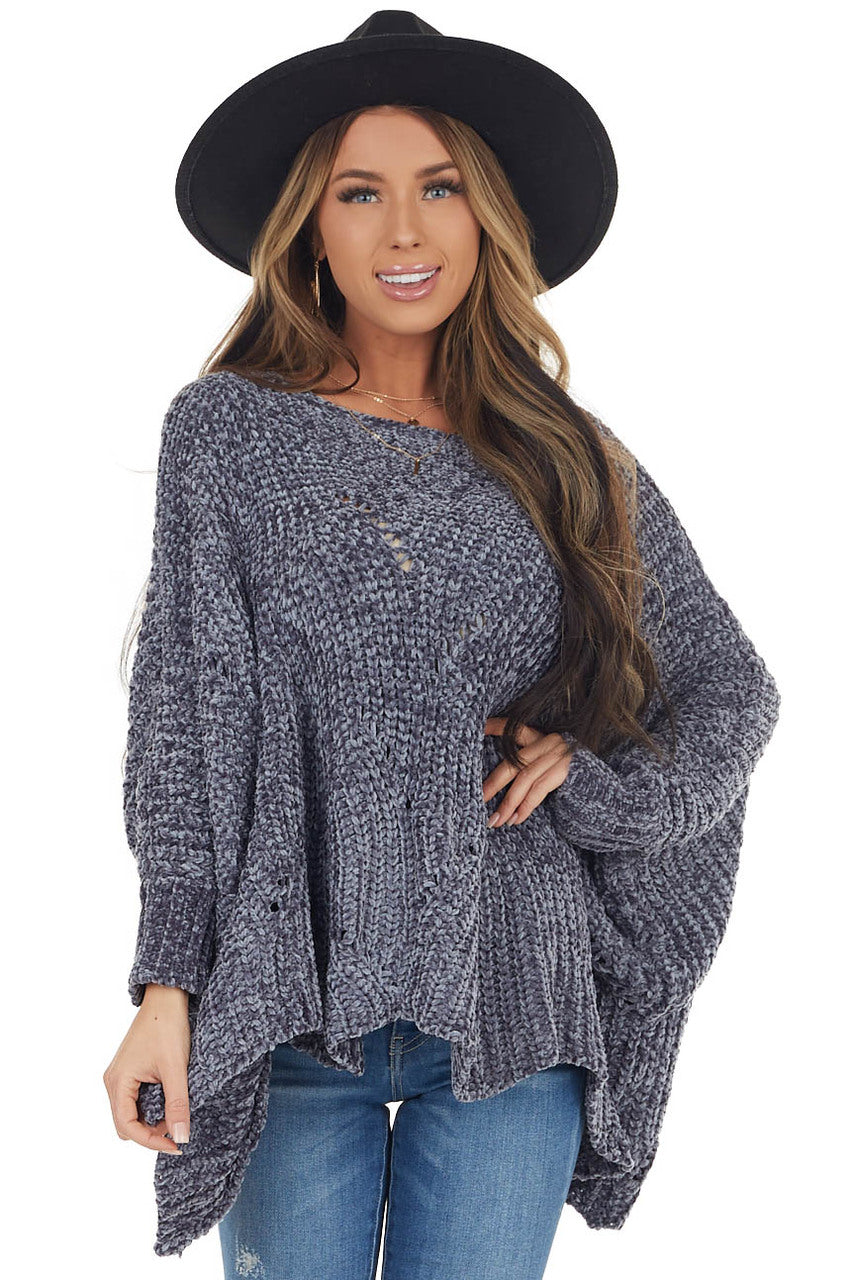 Slate Blue Chenille Knit Sweater with Long Dolman Sleeves