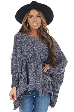 Slate Blue Chenille Knit Sweater with Long Dolman Sleeves