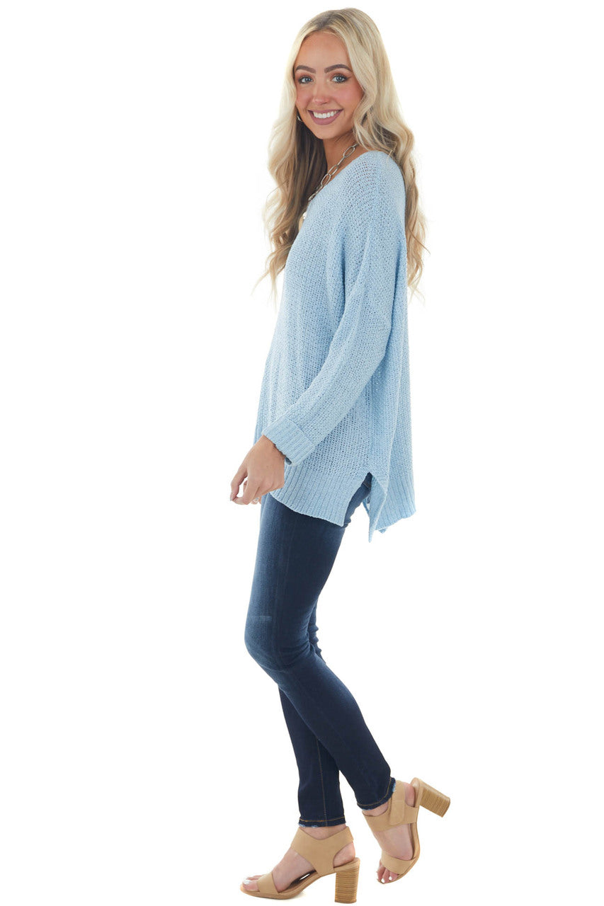 Sky Blue Loose Knit Cuff Sleeve Sweater 